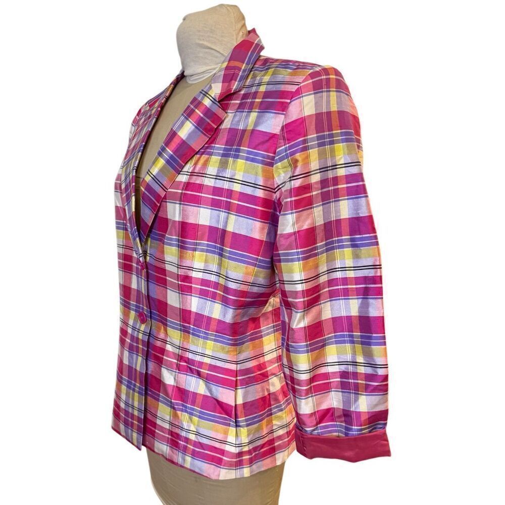 Kasper Silk 2-Button Blazer Sz. 12 Pockets Bright Plaid Lined - Picture 5 of 9